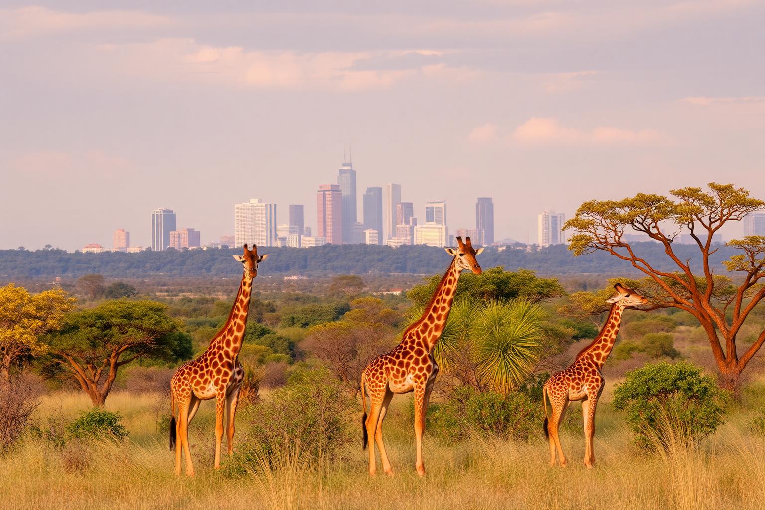 Giraffes in Nairobi National Park with the city skyline in the distance