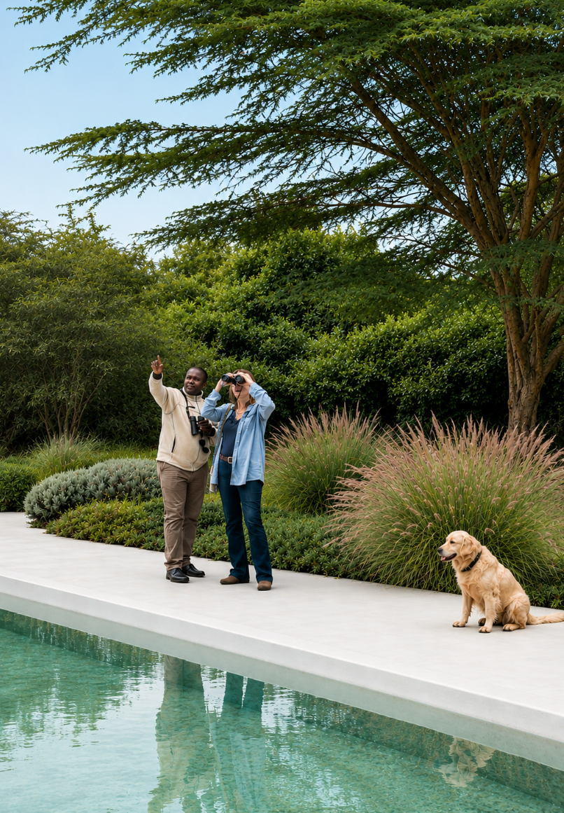 Guests birdwatching by the pool with a golden retriever under an acacia tree at Arimuni